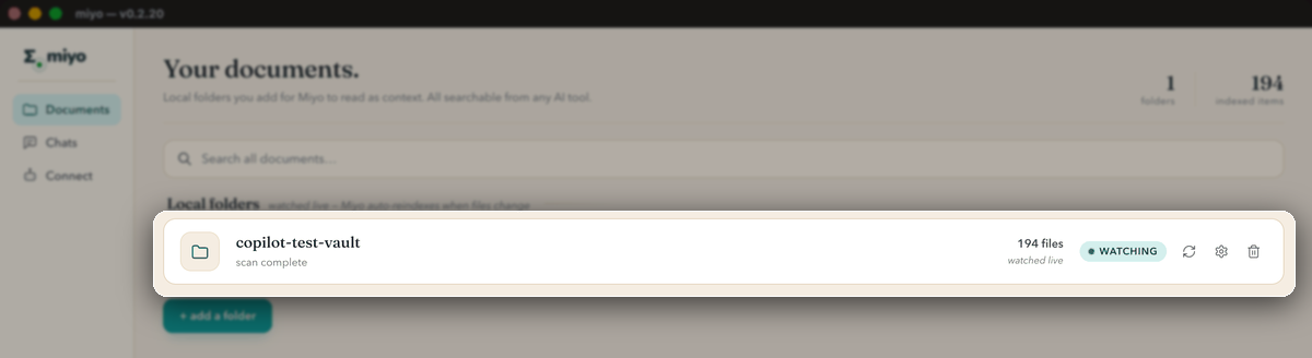 Miyo shows the indexed vault with Watching status