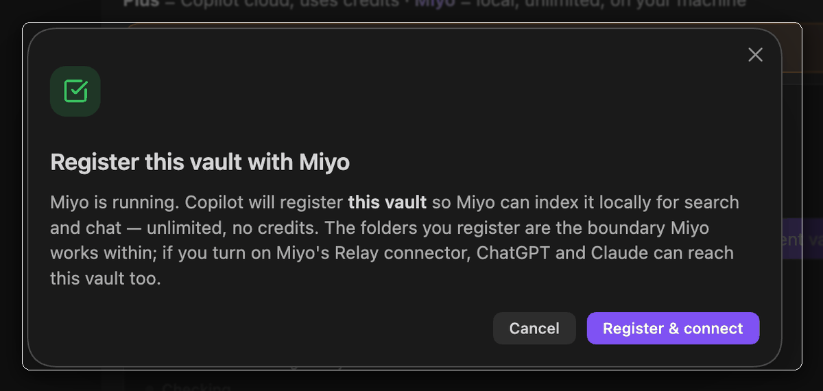 Register the current Obsidian vault and connect to Miyo