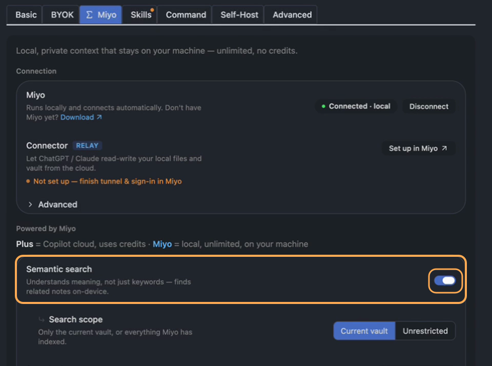 Semantic search switch and Current vault search scope highlighted in Copilot settings
