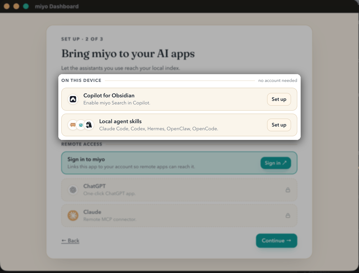 Miyo setup: on-device connections and optional Relay