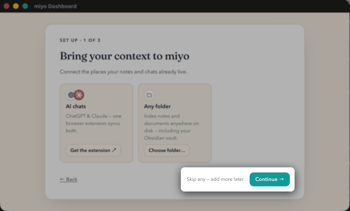 Miyo setup: continue without adding a folder