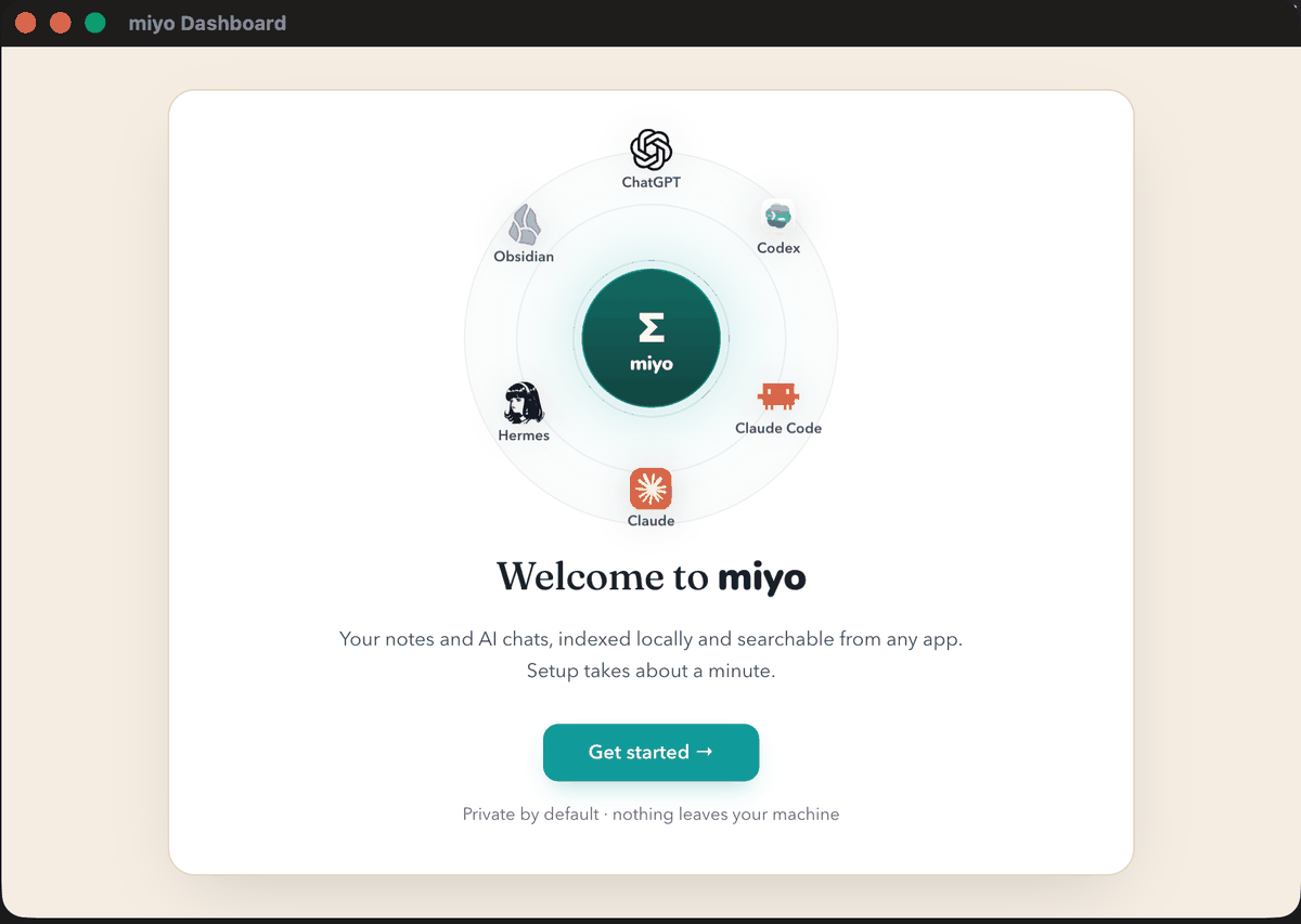 Miyo welcome screen with Get started